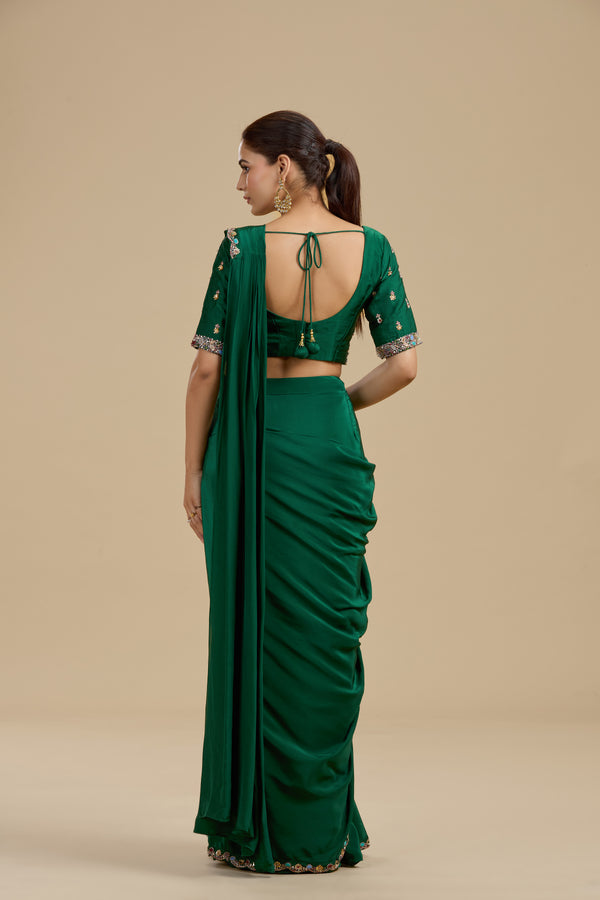 Green Draped Saree with Statement Dola Silk Blouse