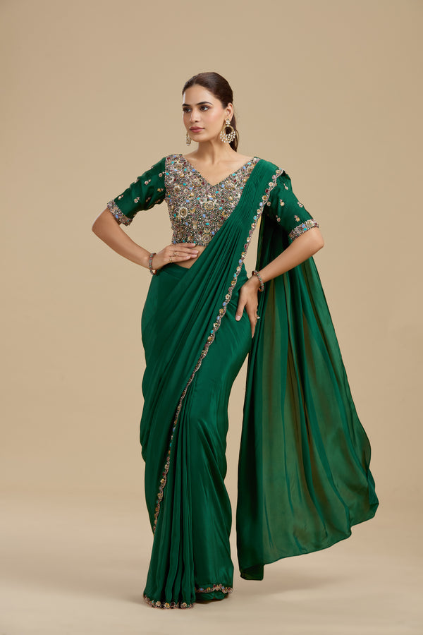 Green Draped Saree with Statement Dola Silk Blouse