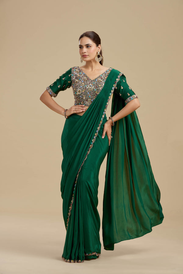 Green Draped Saree with Statement Dola Silk Blouse