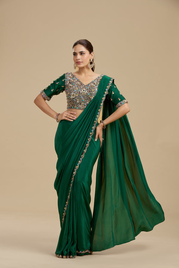 Green Draped Saree with Statement Dola Silk Blouse