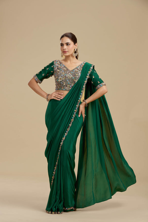 Green Draped Saree with Statement Dola Silk Blouse