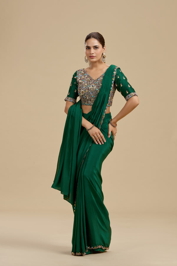 Green Draped Saree with Statement Dola Silk Blouse