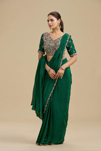 Green Draped Saree with Statement Dola Silk Blouse