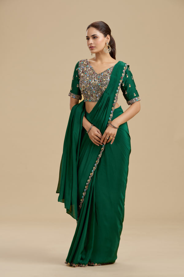 Green Draped Saree with Statement Dola Silk Blouse