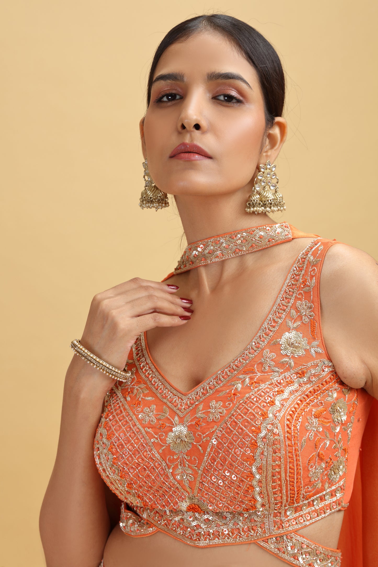 Orange Tissue Suit Set with Sequins, Cutdana & Zardosi Work