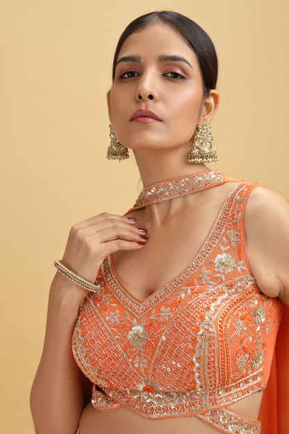 Orange Tissue Suit Set with Sequins, Cutdana & Zardosi Work