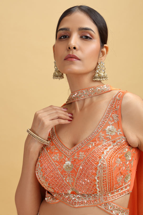Orange Tissue Suit Set with Sequins, Cutdana & Zardosi Work