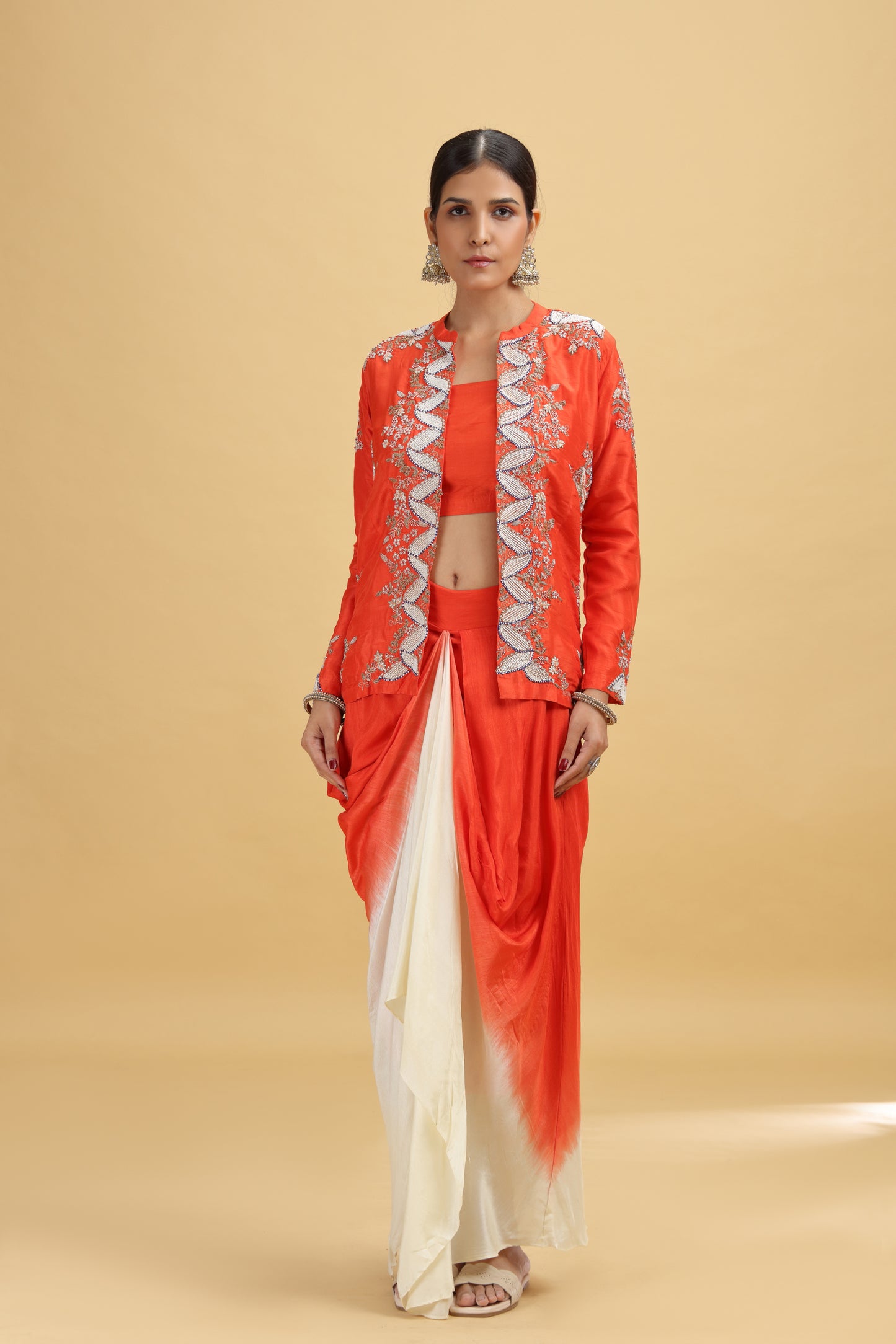 Rust Dola Silk Suit Set with Moti, Thread Work & Zardosi