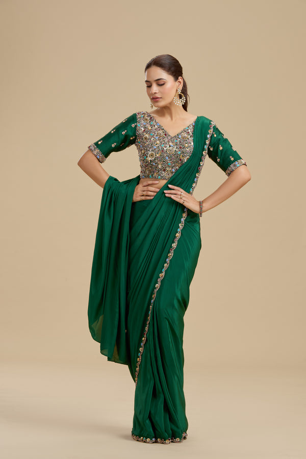 Green Draped Saree with Statement Dola Silk Blouse