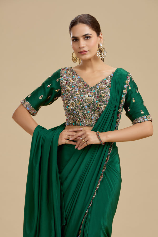 Green Draped Saree with Statement Dola Silk Blouse