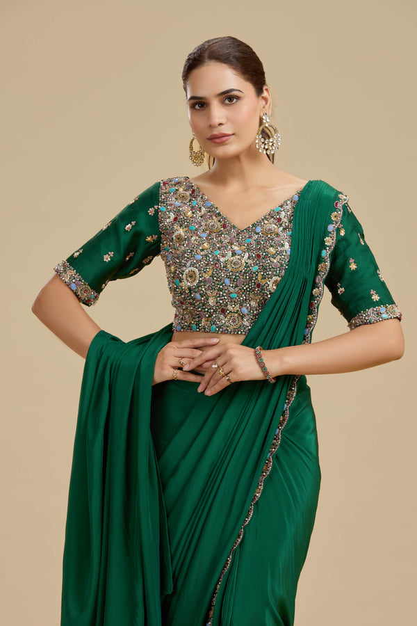Green Draped Saree with Statement Dola Silk Blouse