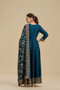 Navy Blue Satin Silk Suit Set with Thread Work, Resham & Stone Embellishments