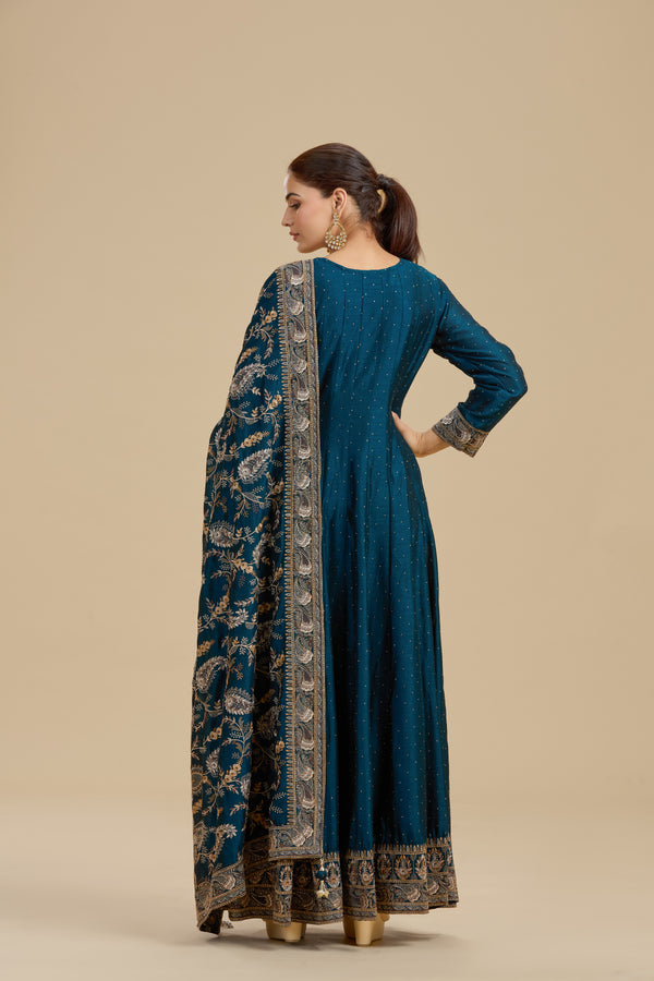 Navy Blue Satin Silk Suit Set with Thread Work, Resham & Stone Embellishments