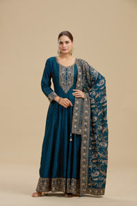 Navy Blue Satin Silk Suit Set with Thread Work, Resham & Stone Embellishments