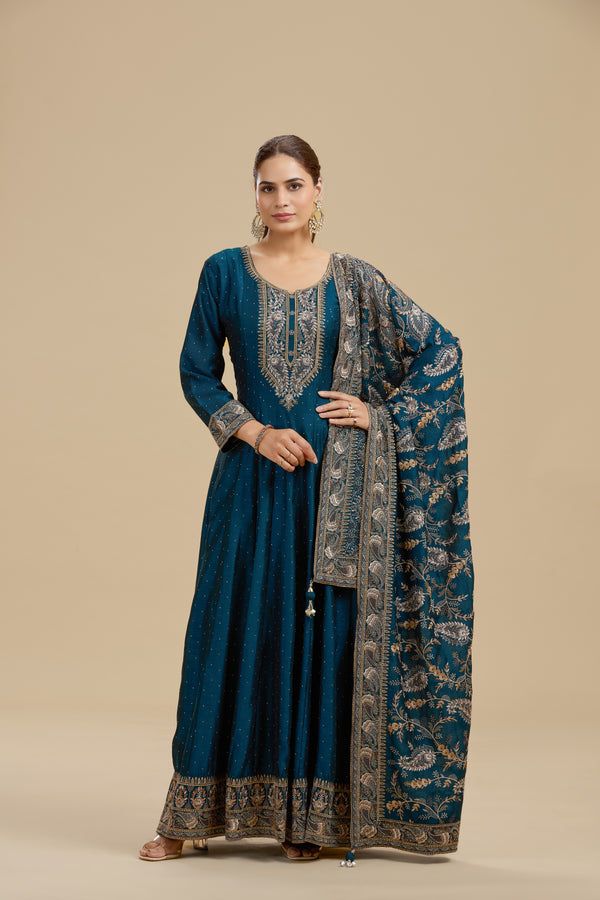 Navy Blue Satin Silk Suit Set with Thread Work, Resham & Stone Embellishments