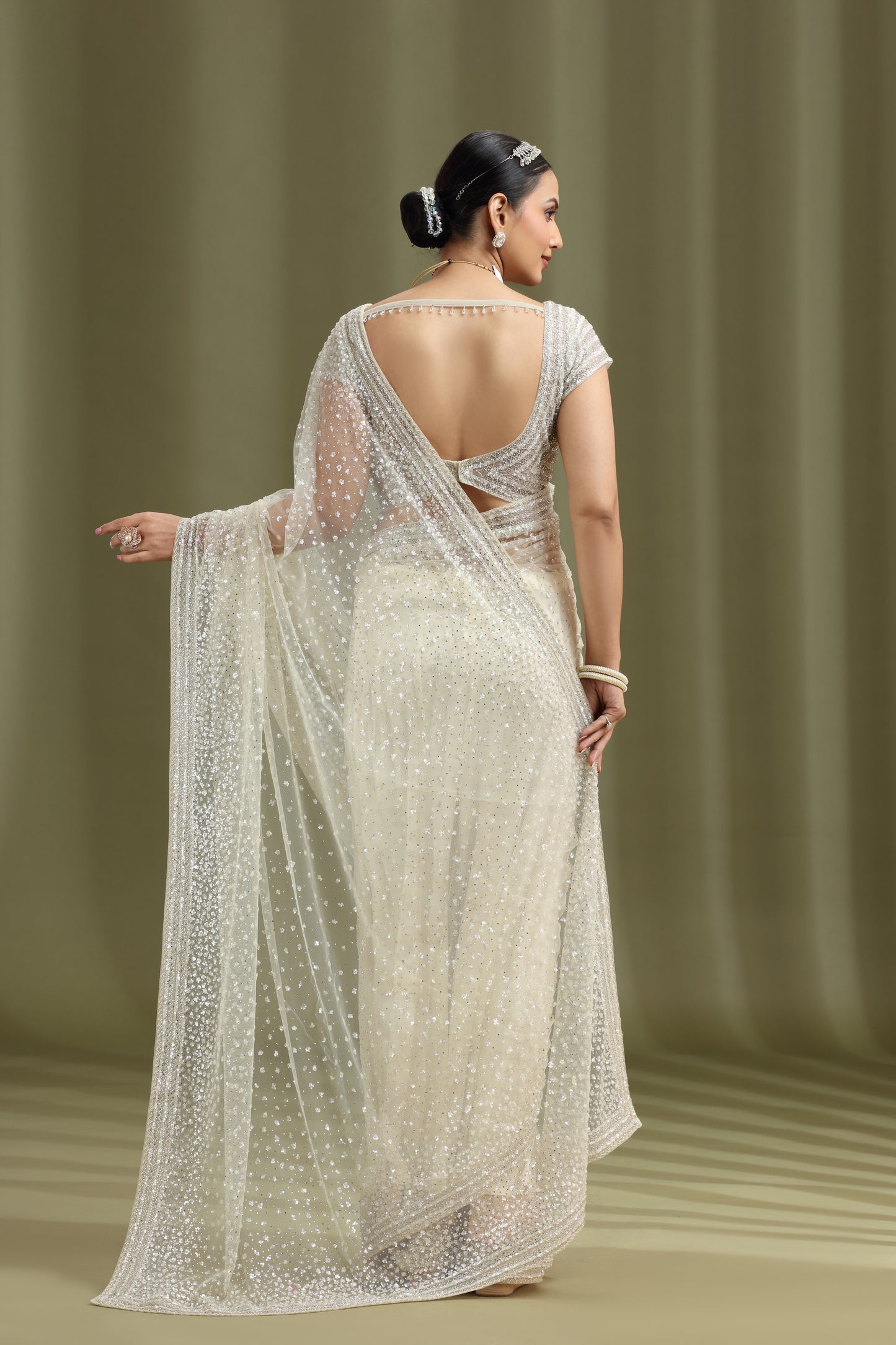 Ivory Net Saree with Sequins & Cutdana Work (Unstitched)