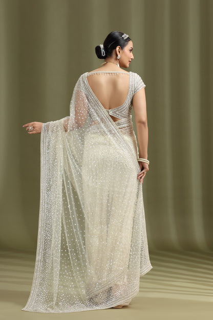 Ivory Net Saree with Sequins & Cutdana Work (Unstitched)