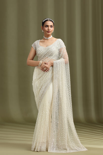 Ivory Net Saree with Sequins & Cutdana Work (Unstitched)