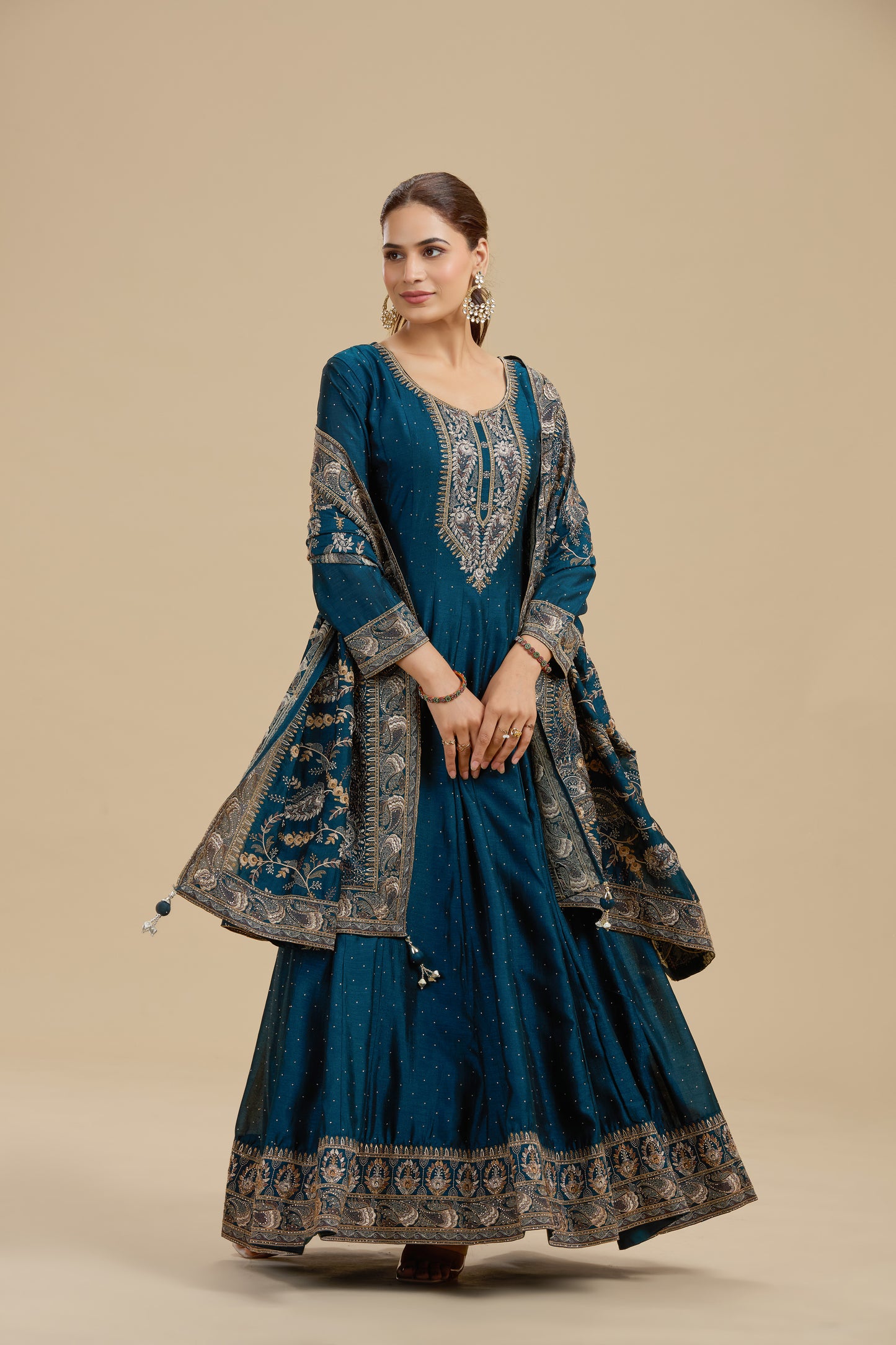 Navy Blue Satin Silk Suit Set with Thread Work, Resham & Stone Embellishments