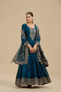 Navy Blue Satin Silk Suit Set with Thread Work, Resham & Stone Embellishments