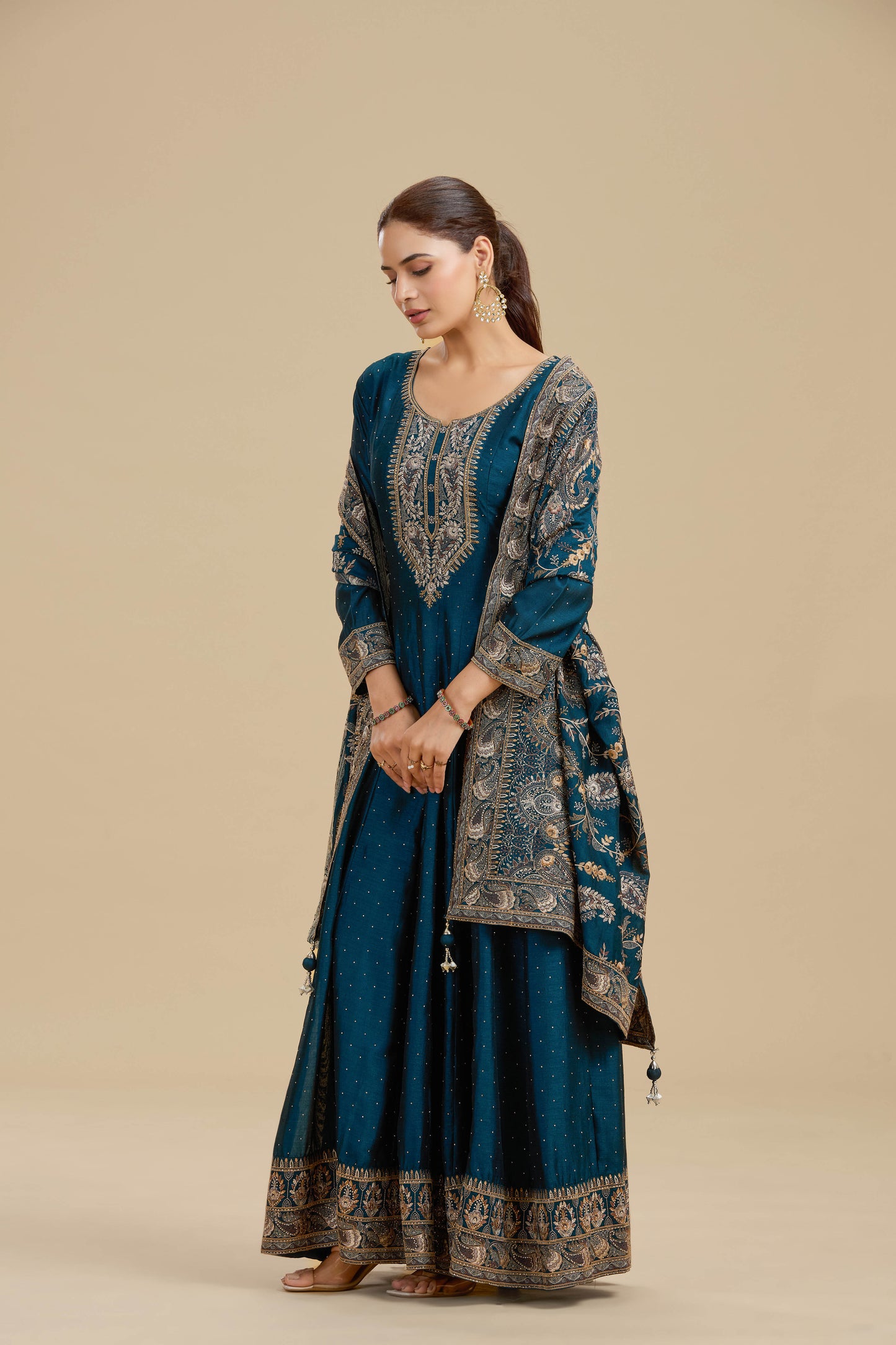 Navy Blue Satin Silk Suit Set with Thread Work, Resham & Stone Embellishments
