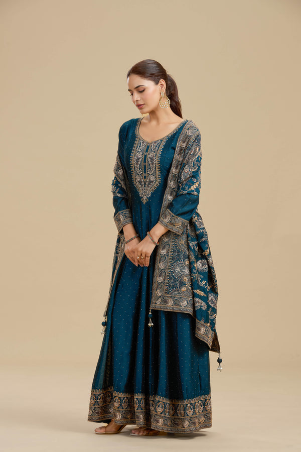 Navy Blue Satin Silk Suit Set with Thread Work, Resham & Stone Embellishments