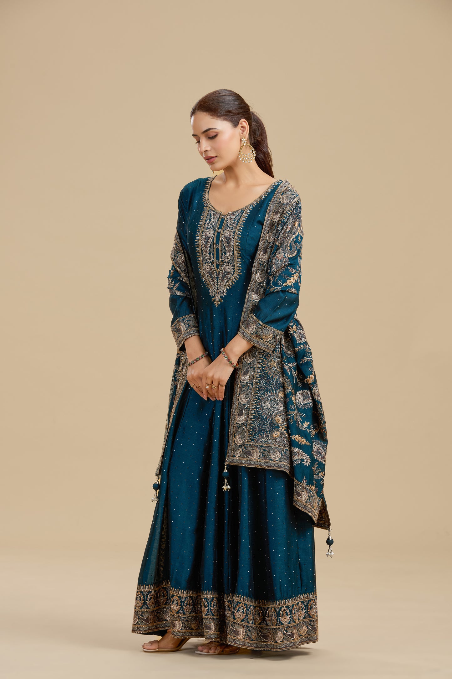 Navy Blue Satin Silk Suit Set with Thread Work, Resham & Stone Embellishments
