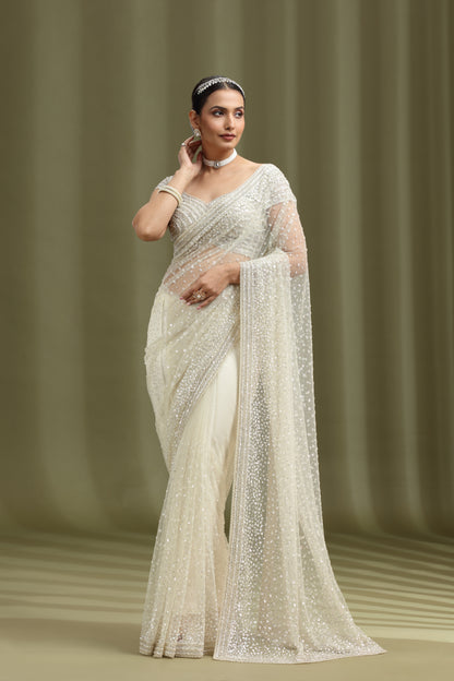 Ivory Net Saree with Sequins & Cutdana Work (Unstitched)