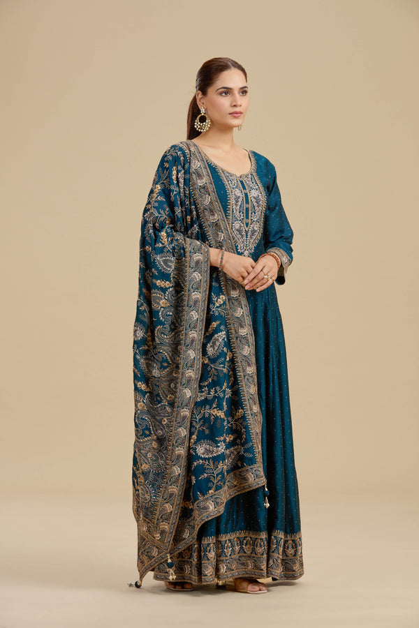 Navy Blue Satin Silk Suit Set with Thread Work, Resham & Stone Embellishments