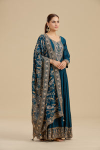 Navy Blue Satin Silk Suit Set with Thread Work, Resham & Stone Embellishments