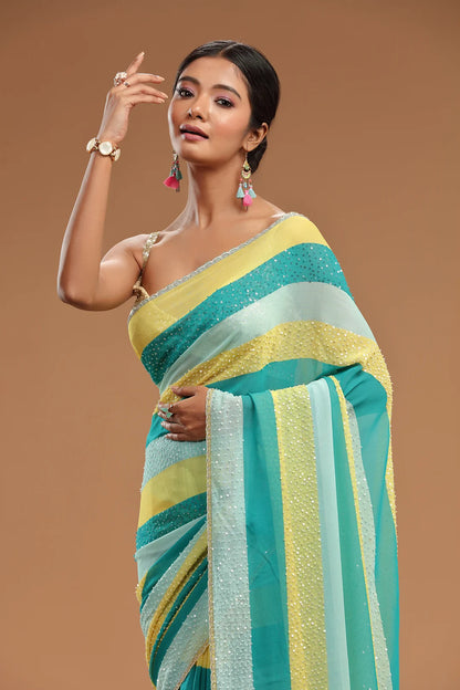 Aqua, Lime & Powder Blue Striped Georgette Saree with Sequins & Cutdana