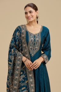 Navy Blue Satin Silk Suit Set with Thread Work, Resham & Stone Embellishments
