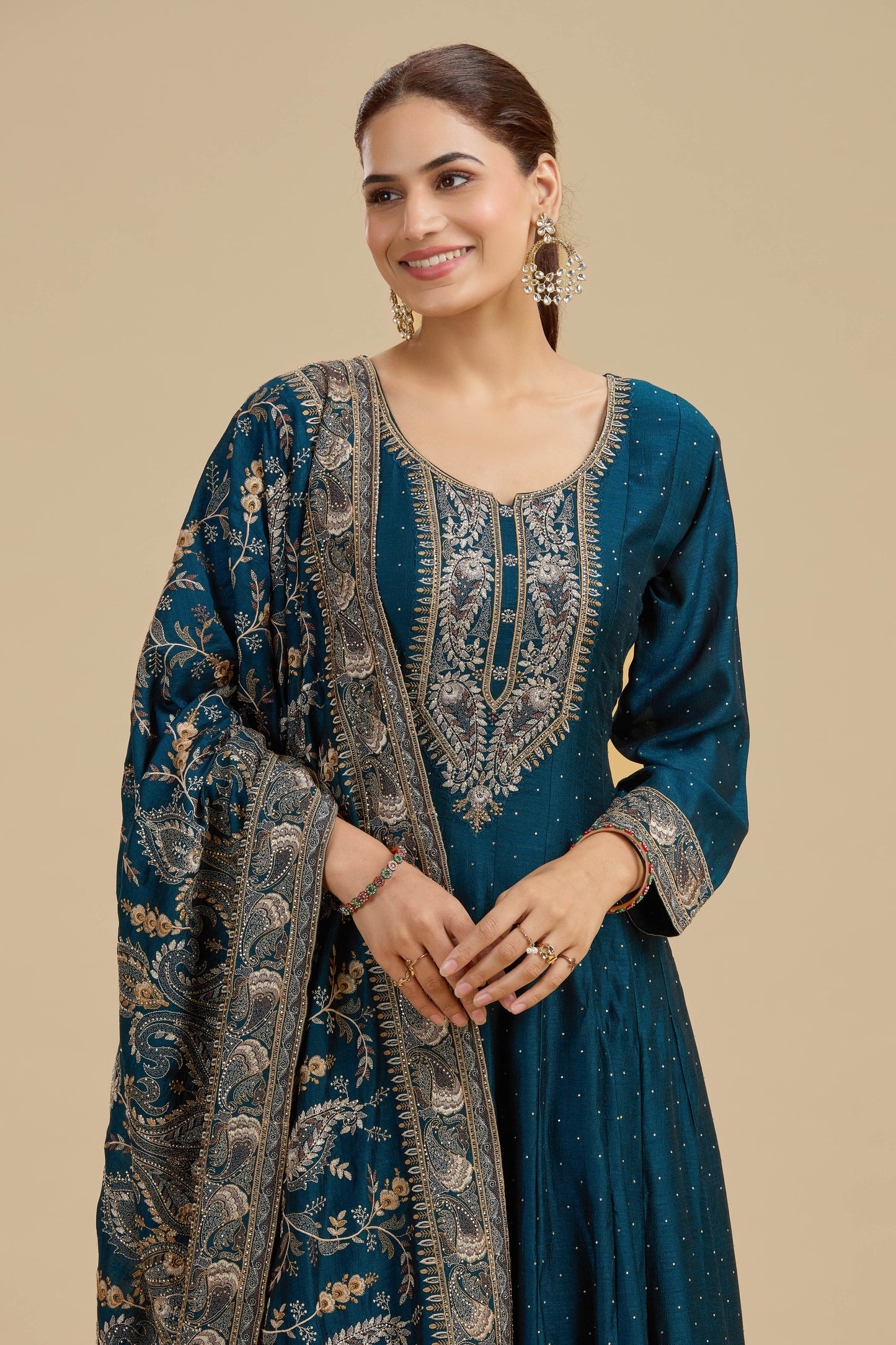 Navy Blue Satin Silk Suit Set with Thread Work, Resham & Stone Embellishments