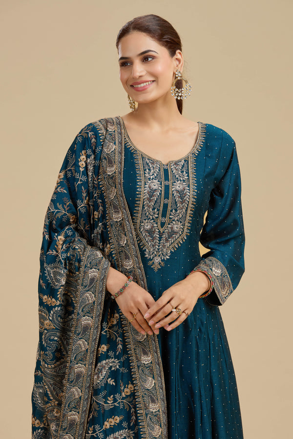 Navy Blue Satin Silk Suit Set with Thread Work, Resham & Stone Embellishments