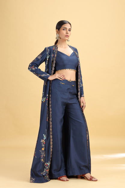Navy Blue Dola Silk Suit Set with Abla, Moti & Sequins