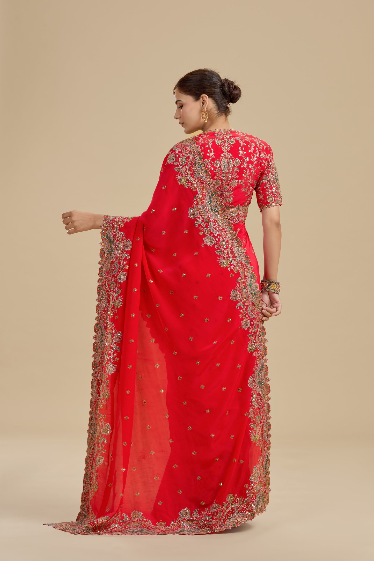 Koral Red Printed Crepe Saree with Unstitched Blouse