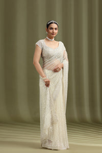 Woman wearing a ivory net saree with a pattern against a green background