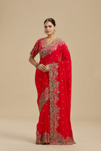 Koral Red Printed Crepe Saree with Unstitched Blouse