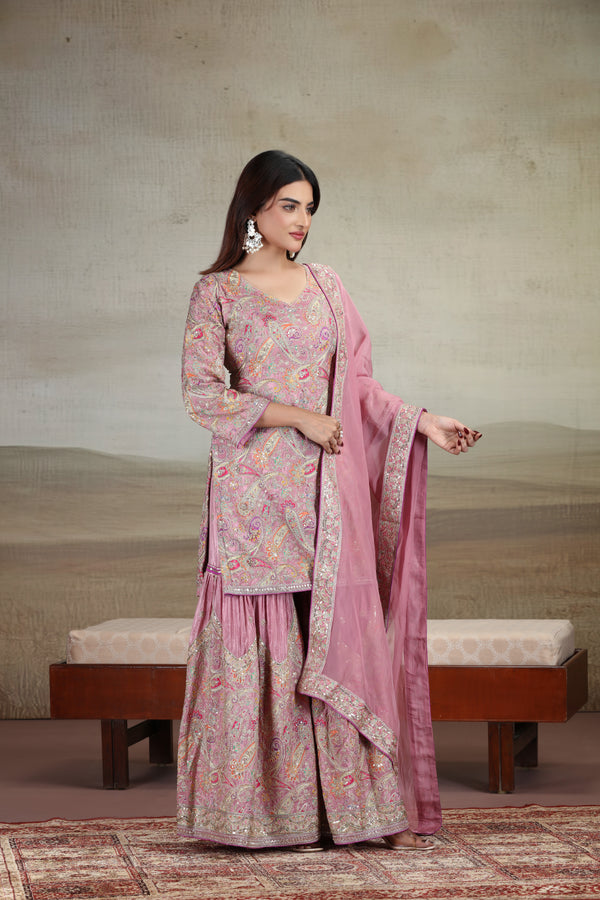 Pink Crepe Suit Set with Sequins, Cutdana, Print & Zari Work