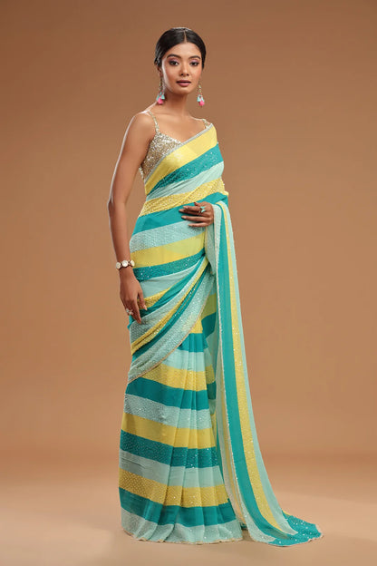 Aqua, Lime & Powder Blue Striped Georgette Saree with Sequins & Cutdana
