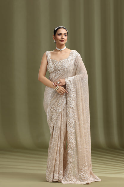 Gold Net Saree with Sequins, Cutdana & Resham Work (Unstitched)