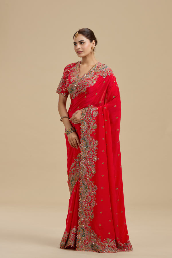 Koral Red Printed Crepe Saree with Unstitched Blouse