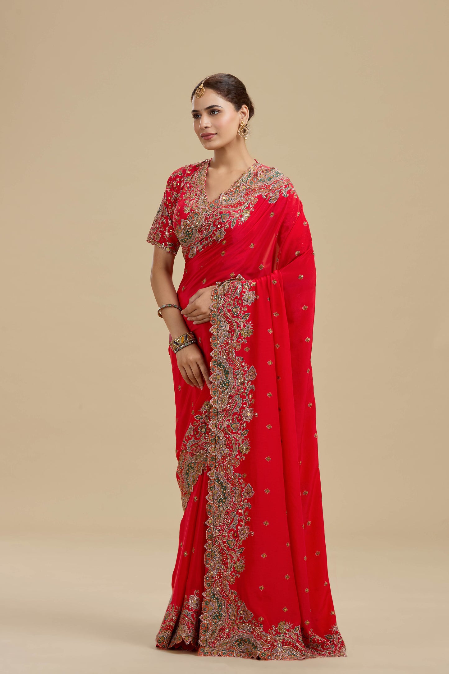 Koral Red Printed Crepe Saree with Unstitched Blouse
