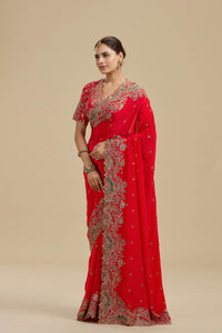 Koral Red Printed Crepe Saree with Unstitched Blouse