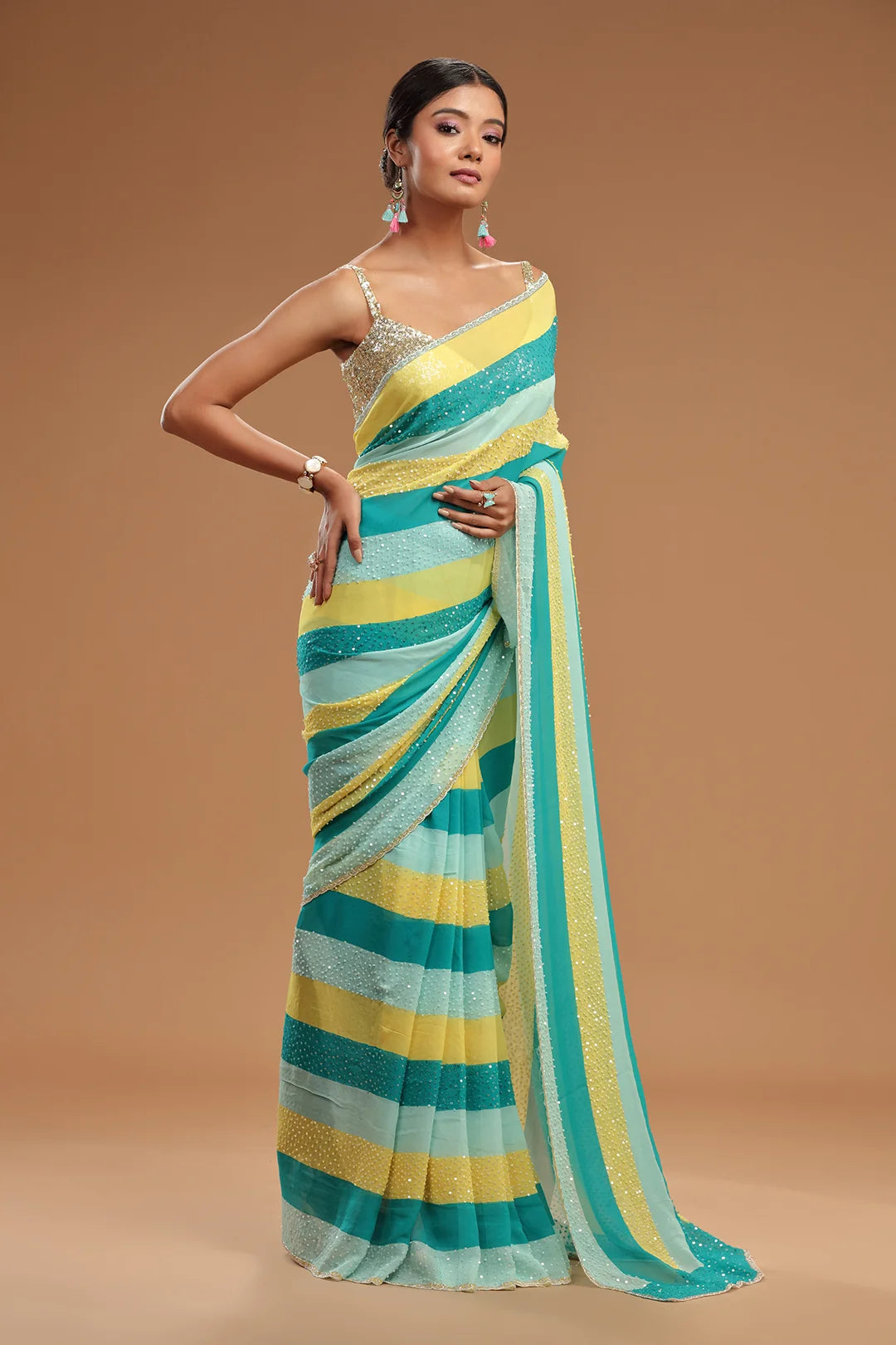 Aqua, Lime & Powder Blue Striped Georgette Saree with Sequins & Cutdana