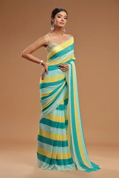 Aqua, Lime & Powder Blue Striped Georgette Saree with Sequins & Cutdana