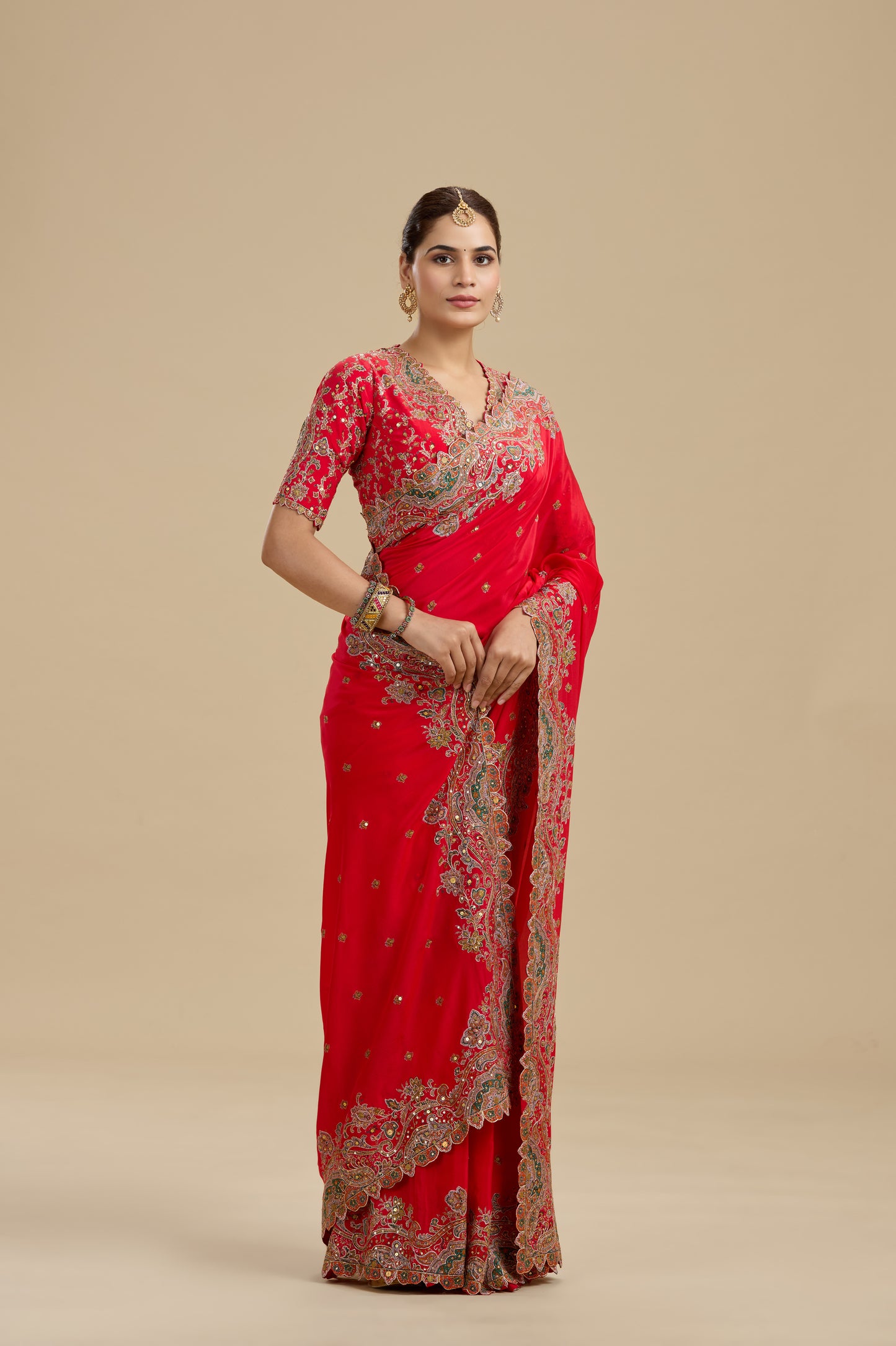Koral Red Printed Crepe Saree with Unstitched Blouse
