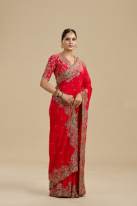 Koral Red Printed Crepe Saree with Unstitched Blouse