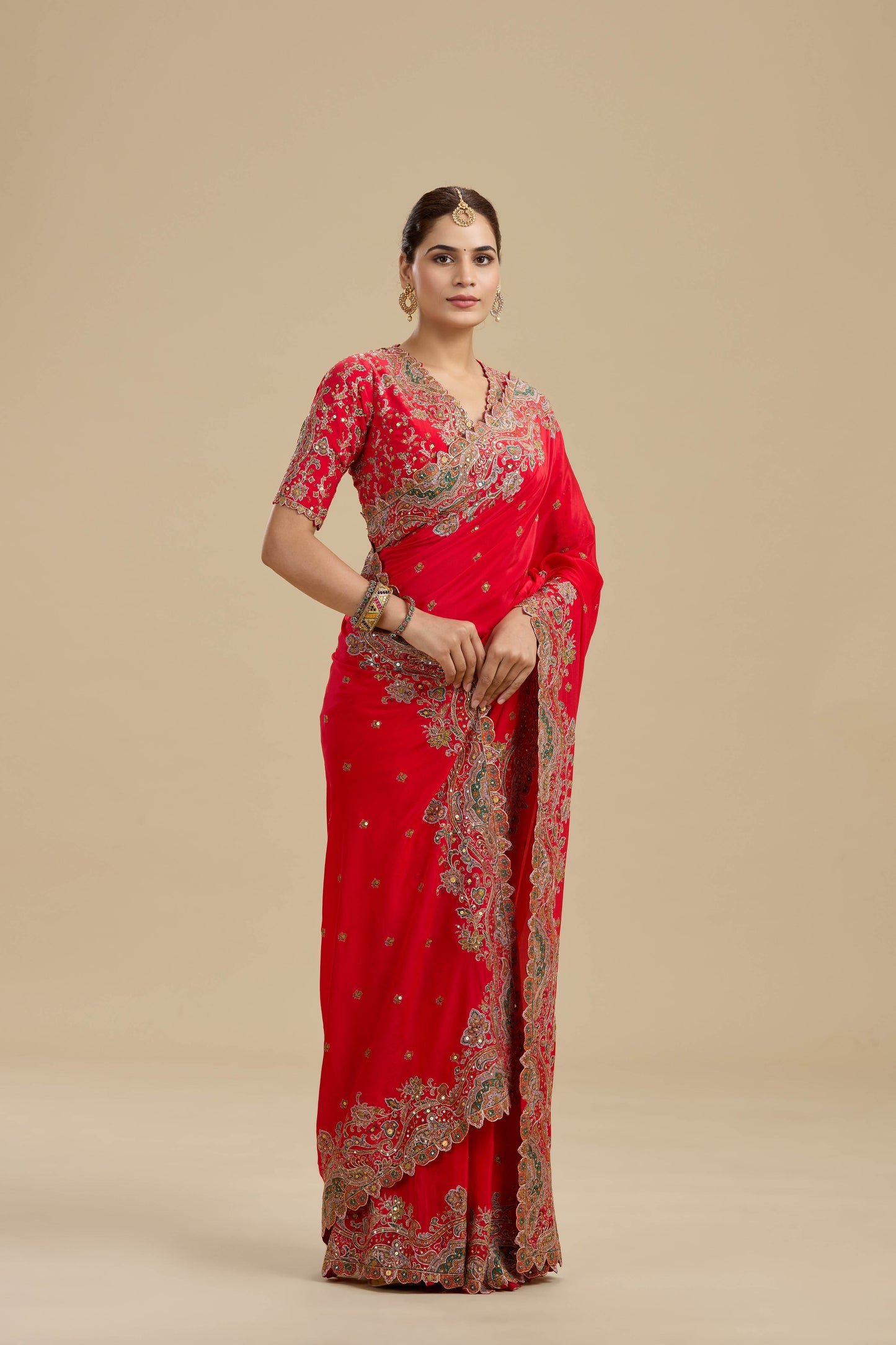 Koral Red Printed Crepe Saree with Unstitched Blouse