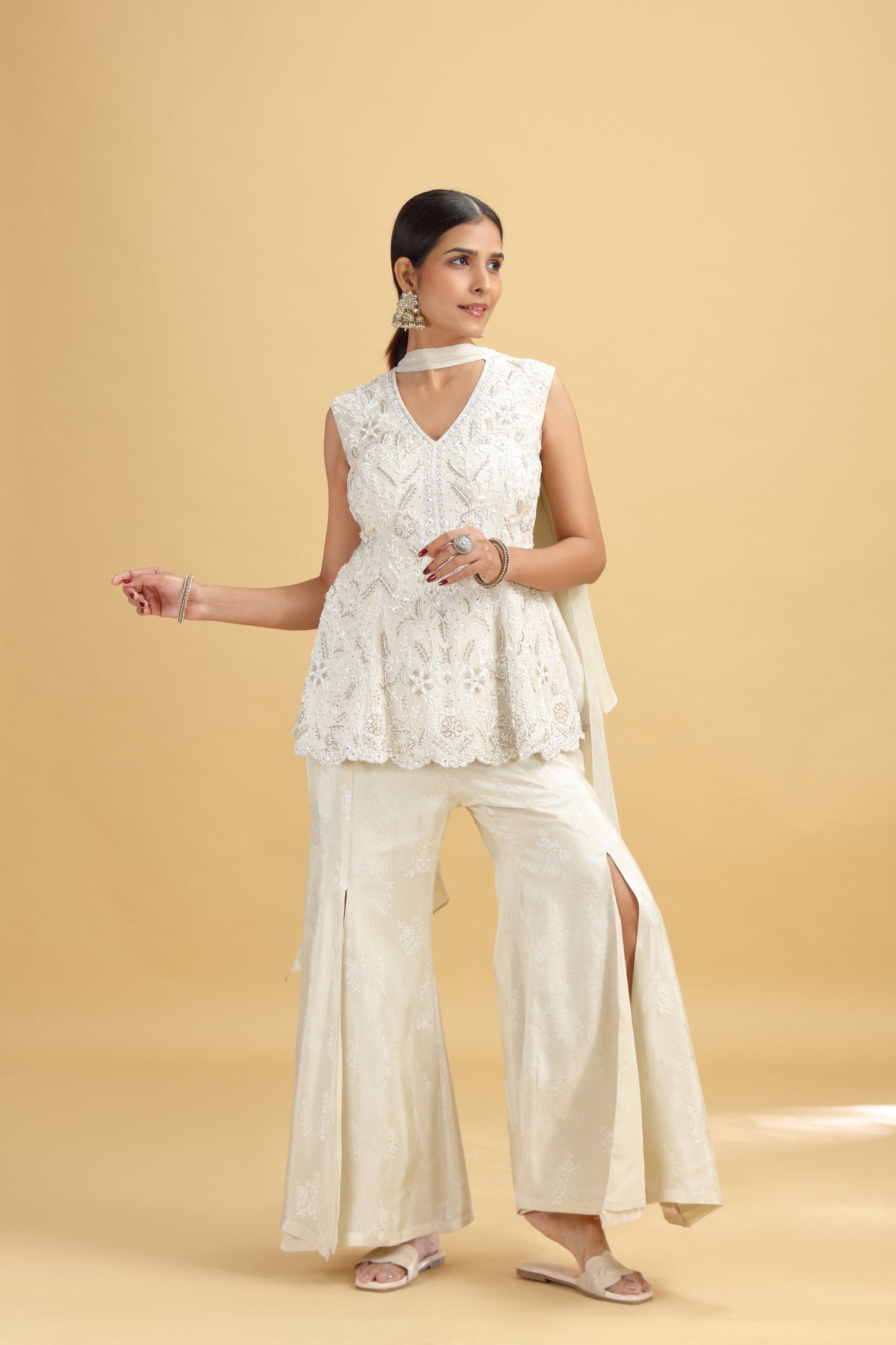 Pista Green Tissue Suit Set with Moti, Sequins & Stone Work